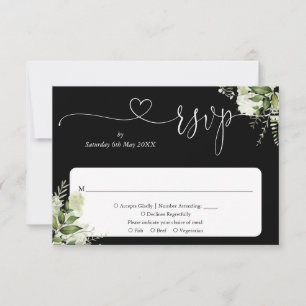 Grüne Florale Schrift Herz Schwarz und Weiß RSVP Karte