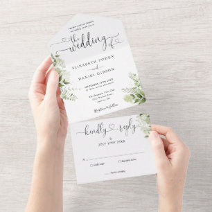 Grüne Florale Schrift Herzen Minimalistische Hochz All In One Einladung