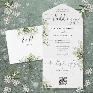 Grüne Florale Schrift Herzen QR-Code Hochzeit All In One Einladung