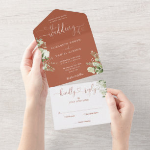 Grüne Florale Schrift Herzen Terrakotta Hochzeit All In One Einladung