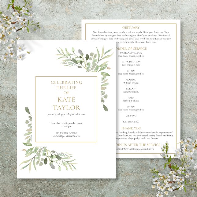 Grüne Florale Trauerzeremonie Programm (Greenery Floral Funeral Order Of Service Program)