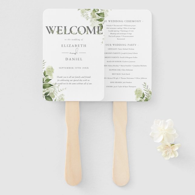 Grüne Florale Typografie Hochzeitsprogramm Fächer (Vorne und Hinten)