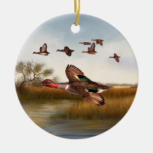 Grüne Flügel-Ente Keramik Ornament (Vorne)