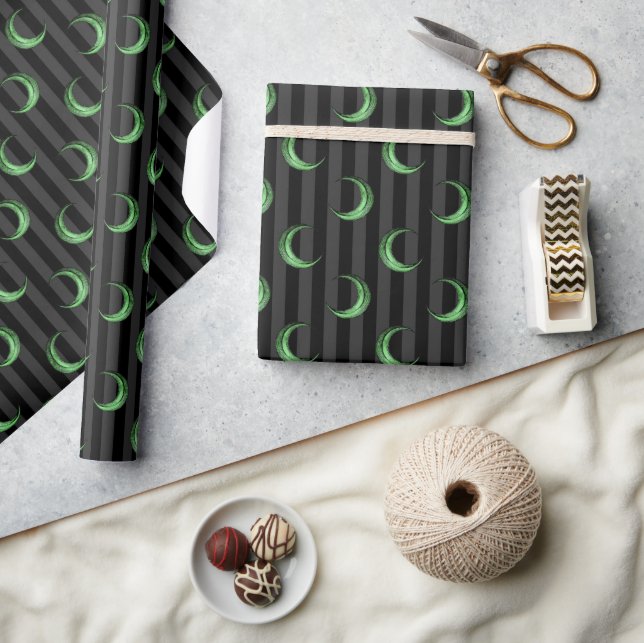 Grüne Fohle Crescent Moon & Stripes Halloween Geschenkpapier (Kunsthandwerk)