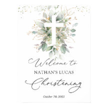 Grüne Foliage Cross Baby Christening Poster