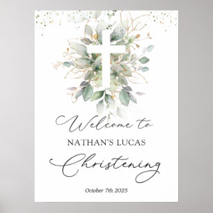 Grüne Foliage Cross Baby Christening Poster