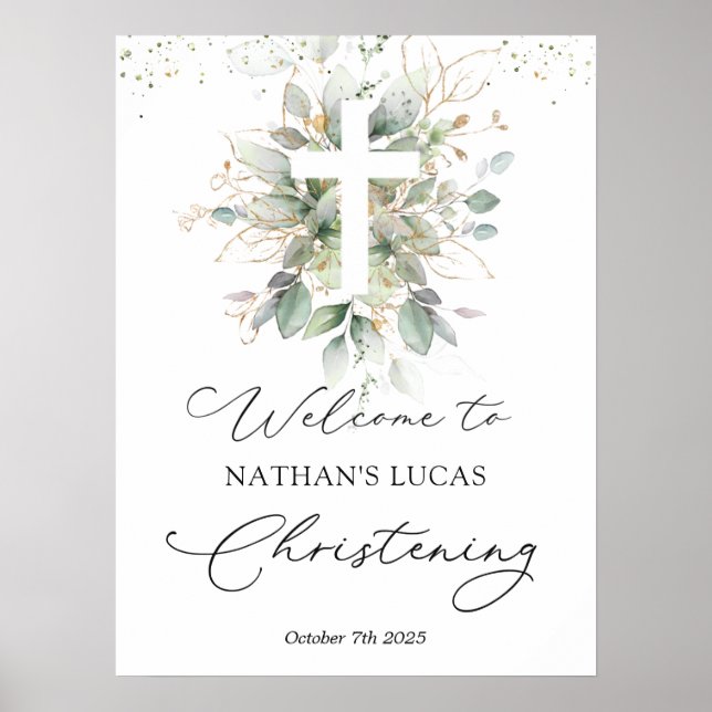 Grüne Foliage Cross Baby Christening Poster (Vorne)