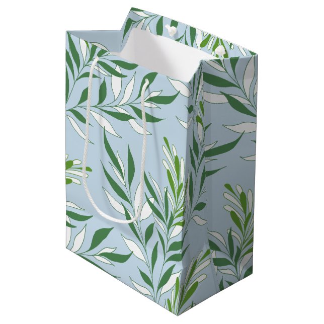 Grüne Foliage Muster Elegant Grün Blau Mittlere Geschenktüte (Vorderseite Schrägansicht)