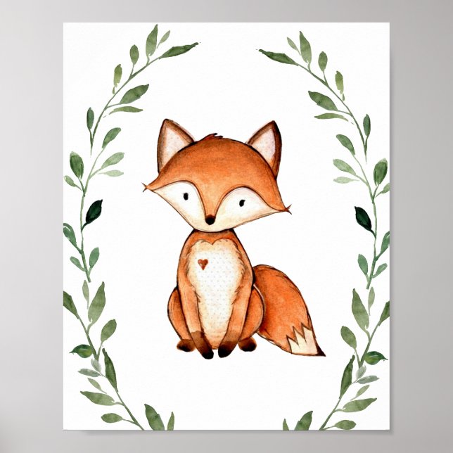 Grüne Fox Woodland Tiere Kinderzimmer Mauer Kunst Poster (Vorne)