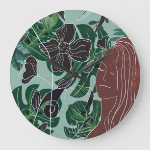 Grüne Frau, Moderne Vintage Illustration. Große Wanduhr