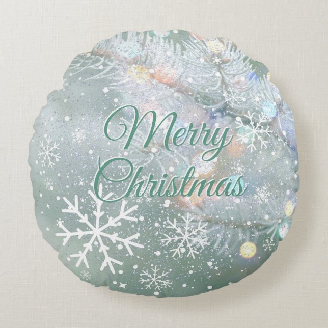 Grüne frohe Weihnachtsschneeflocken Rundes Kissen (Vorderseite)