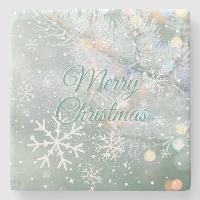 Grüne frohe Weihnachtsschneeflocken Steinuntersetzer (Vorderseite)