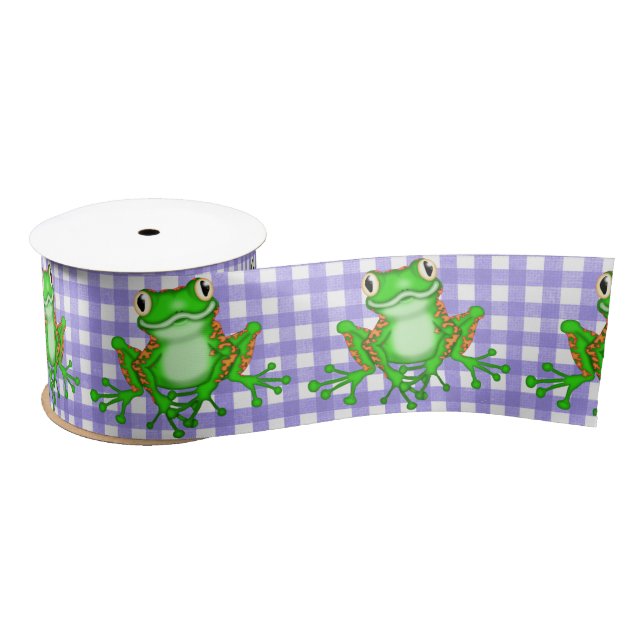 Grüne Frösche auf Lila Gingham Satinband (Spule)