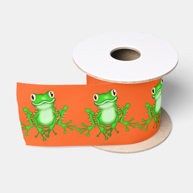 Grüne Frösche auf Orange Satinband (Spule)