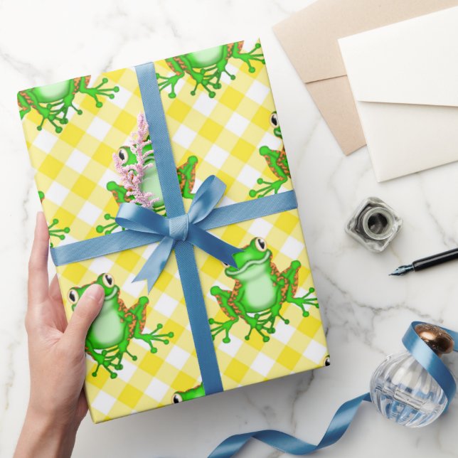 Grüne Frösche auf Yellow Gingham Geschenkpapier (Schenken)