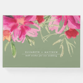Grüne Fuchsia Floral Watercolor Hochzeit Gästebuch