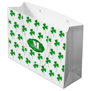 Grüne funkelnde Shamrocks mit Monogramm St. Patric Große Geschenktüte