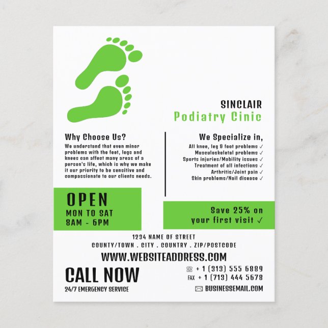Grüne Fußabdrücke, Podiatrie-Klinik, Podiatrist Flyer (Vorne)