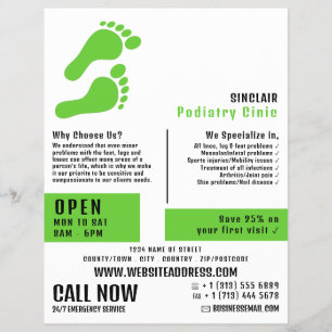 Grüne Fußabdrücke, Podiatrie-Klinik, Podiatrist Flyer