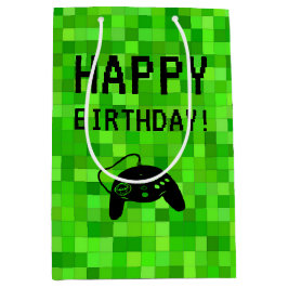 Grüne Gamer-Pixel | Benutzerdefinierte Geburtstags Mittlere Geschenktüte