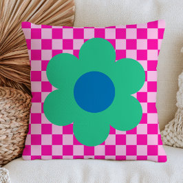 Grüne Gänseblume auf rosa kariertem Retro-Muster Kissen