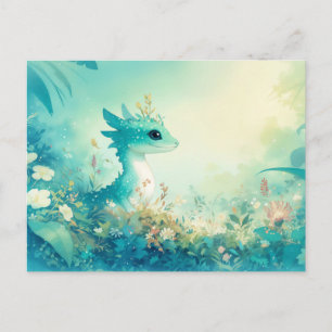 Grüne Gecko in Magischer Wildblumen-Waldlandschaft Postkarte
