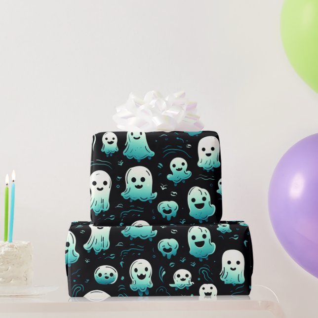 Grüne Geister Niedlich Adortable Modernes Schwarze Geschenkpapier (Partygeschenke)