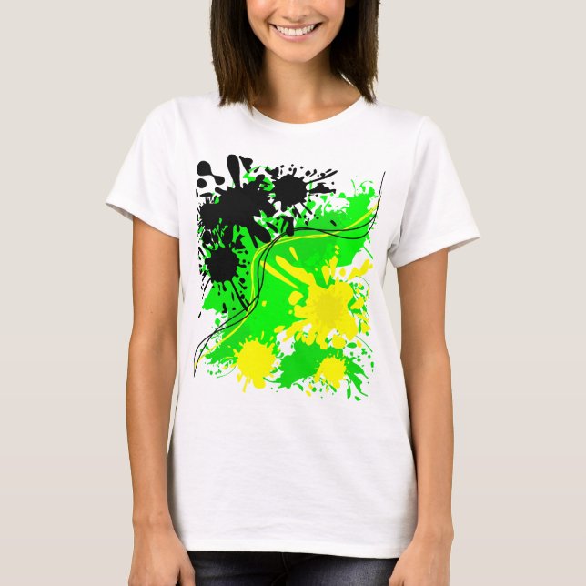 Grüne, gelbe und schwarze Spritzfarbe T-Shirt (Vorderseite)