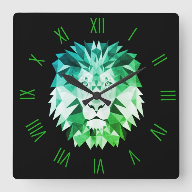 Grüne geometrische Lion mit römischen Zahlen Quadratische Wanduhr (Vorderseite)