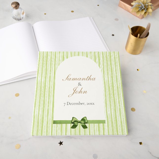 Grüne gestreifte Retro-Hochzeit Gästebuch (Vorderseite offen)