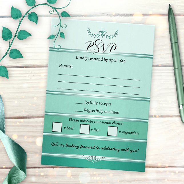 Grüne gestreifte Ton-in-Ton-Hochzeits-RSVP-Karte Einladung (RSVP card featuring a painted green striped ton sur ton design with a silver lining)