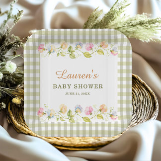 Grüne Gingham-Blumen-Süßerbsen-Baby-Party Pappteller