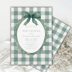 Grüne Gingham-Blumen-Vintage-Baby-Party Einladung