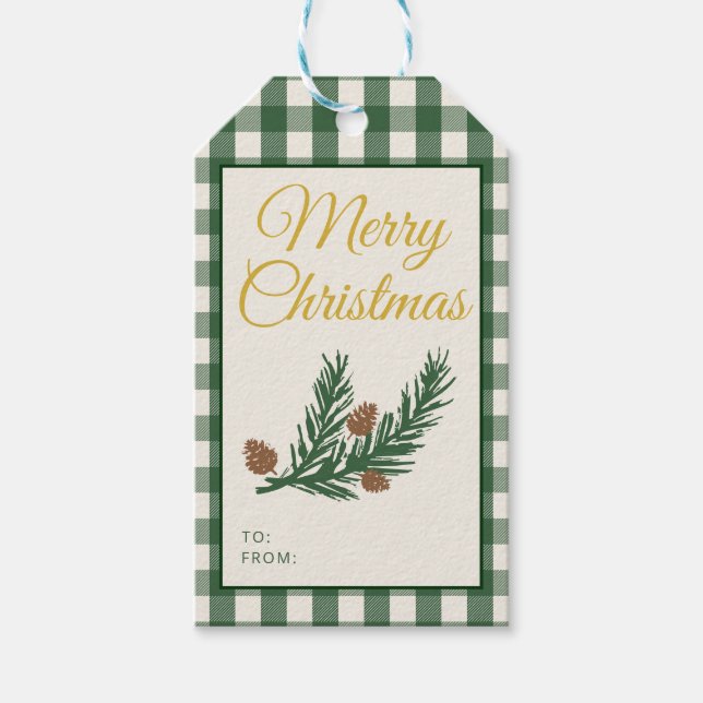 Grüne Gingham-Botanik-Weihnachten Geschenkanhänger (Vorderseite)