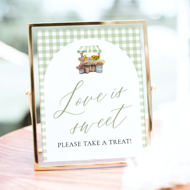Grüne Gingham-Frisch vom Markt Liebe ist süß Poster (Green Gingham Fresh Off The Market Love is Sweet Pedestal Sign)