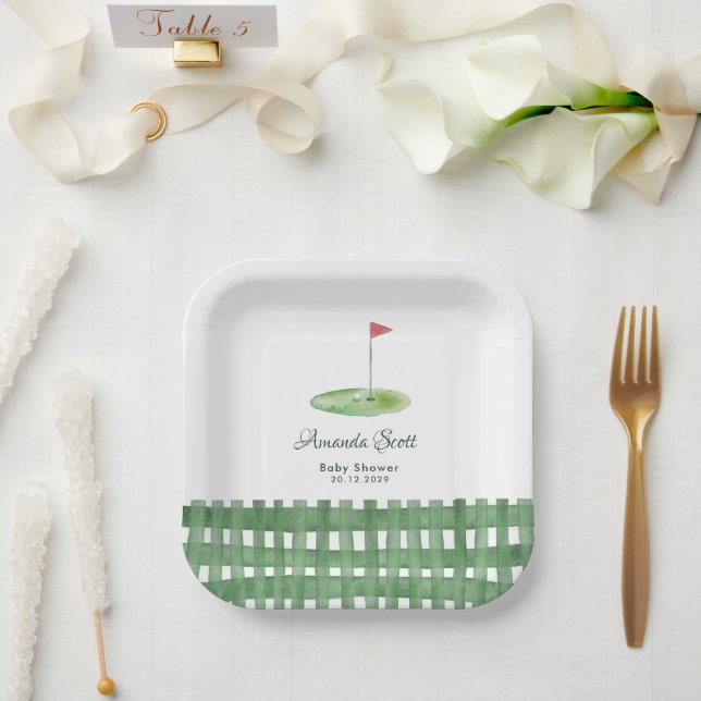 Grüne Gingham-Golf-Baby-Party Pappteller (Hochzeit)
