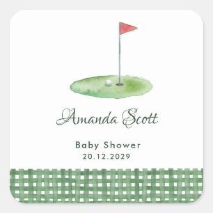 Grüne Gingham-Golf-Baby-Party Quadratischer Aufkleber