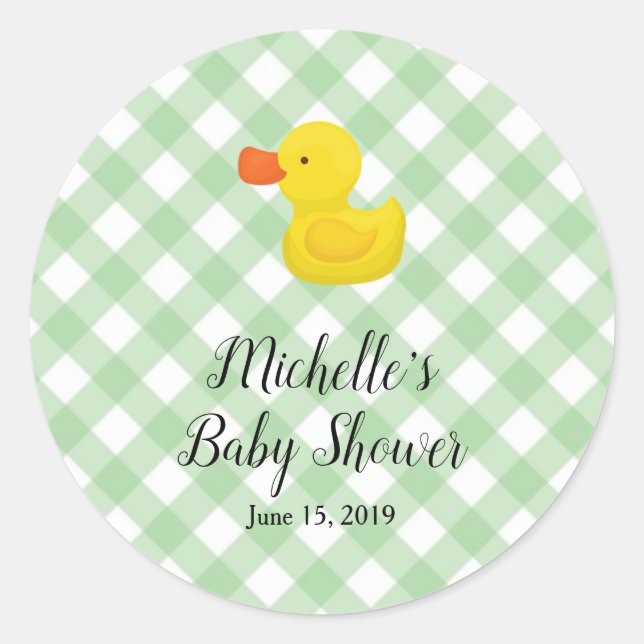 Grüne Gingham-Gummiente Baby Shower  Runder Aufkleber (Vorderseite)