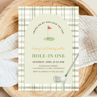 Grüne Gingham-Hole-in-One-Golf-Geburtstagseinladun Einladung