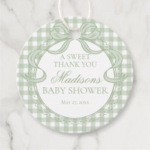 Grüne Gingham Kokette Bogen Baby Shower Kreis Geschenkanhänger