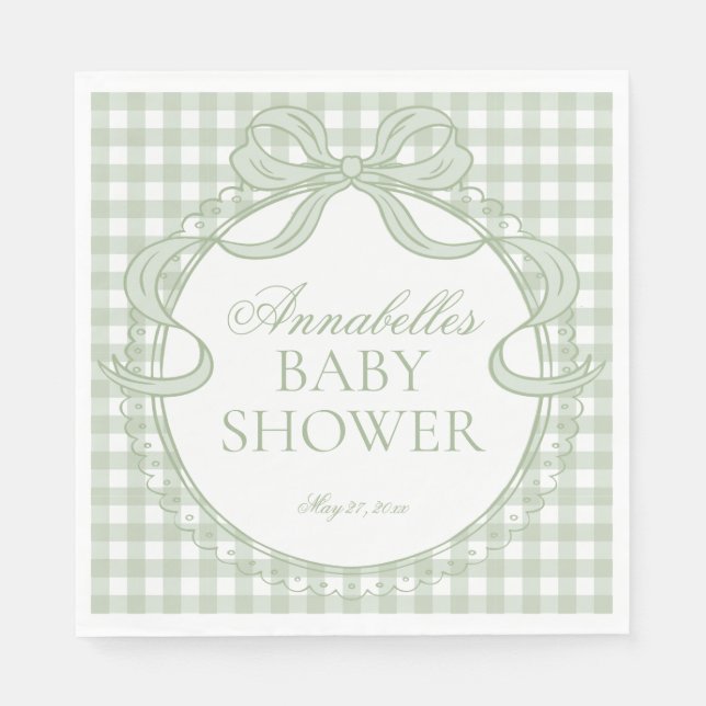 Grüne Gingham Kokette Bogen Babyparty-Dessert Serviette (Vorderseite)