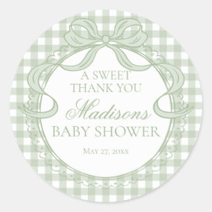 Grüne Gingham-Kokette-Bow-Baby-Party-Geschenk Runder Aufkleber