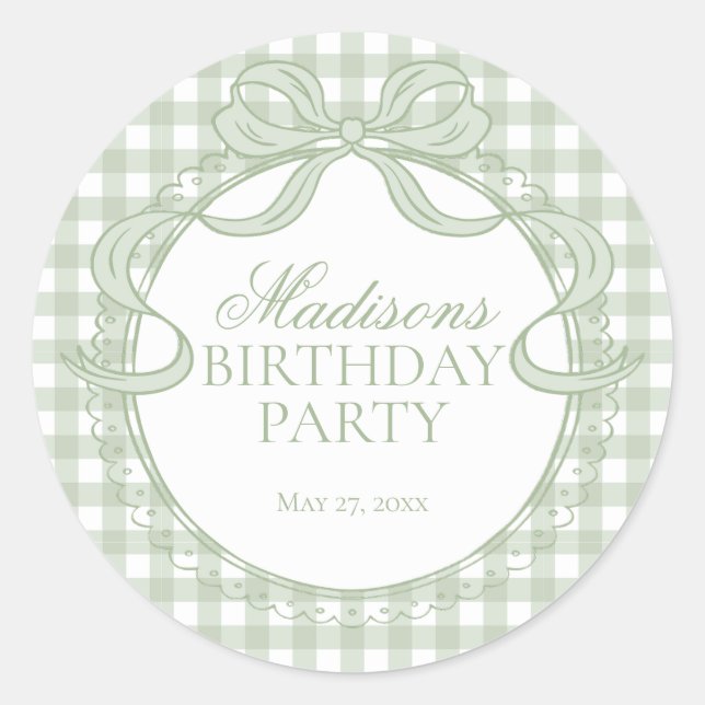 Grüne Gingham-Kokette-Bow-Birthday-Siegel Runder Aufkleber (Vorderseite)
