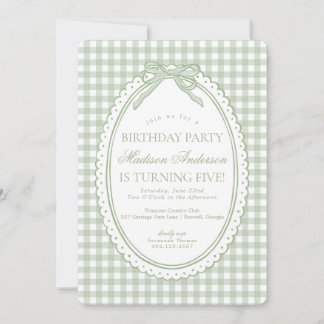 Grüne Gingham-Kokette mit Schleife Geburtstagsfeie Einladung