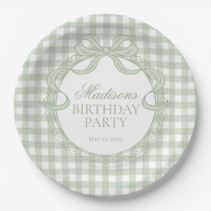 Grüne Gingham-Kokette mit Schleife Geburtstagsfeie Pappteller