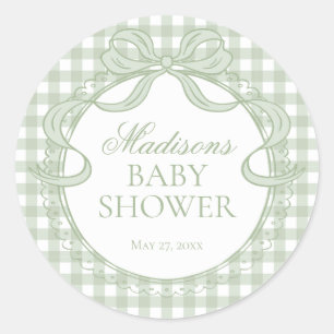 Grüne Gingham Kokette Schleife Baby Shower Siegel Runder Aufkleber