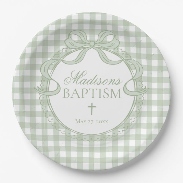 Grüne Gingham Kokette Schleife Taufe Pappteller (Vorderseite)