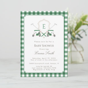 Grüne Gingham-Wappen-Monogramm-Golf-Baby-Party Einladung