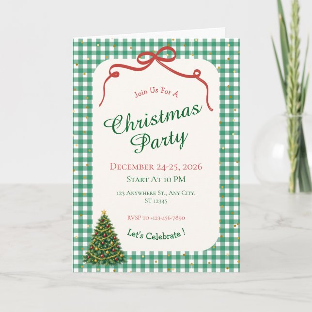 Grüne Gingham-Weihnachtsfeier-Karte Karte (Vorderseite)