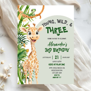 Grüne Giraffe Young Wild Drei Dritter Geburtstag Einladung